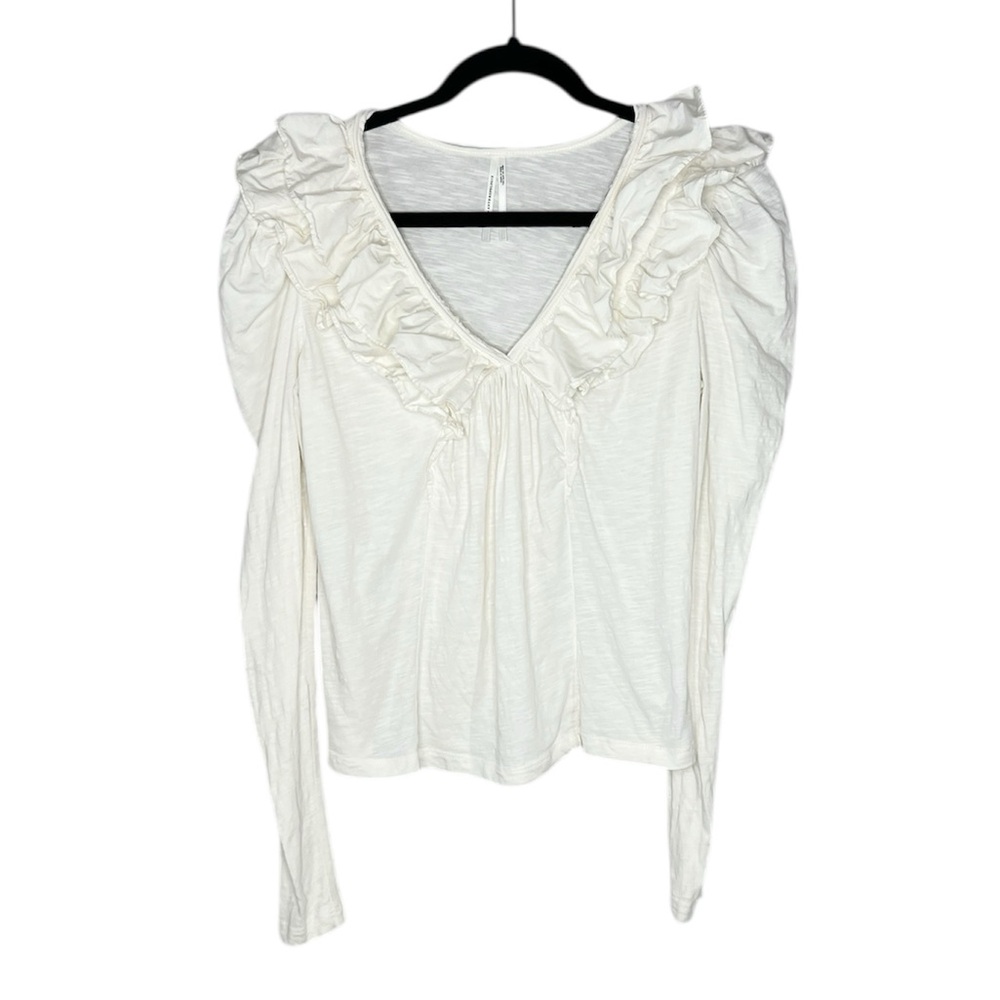 ANTHROPOLOGIE Cream Ruffle V Neck Long Sleeve Romantic Top size Small